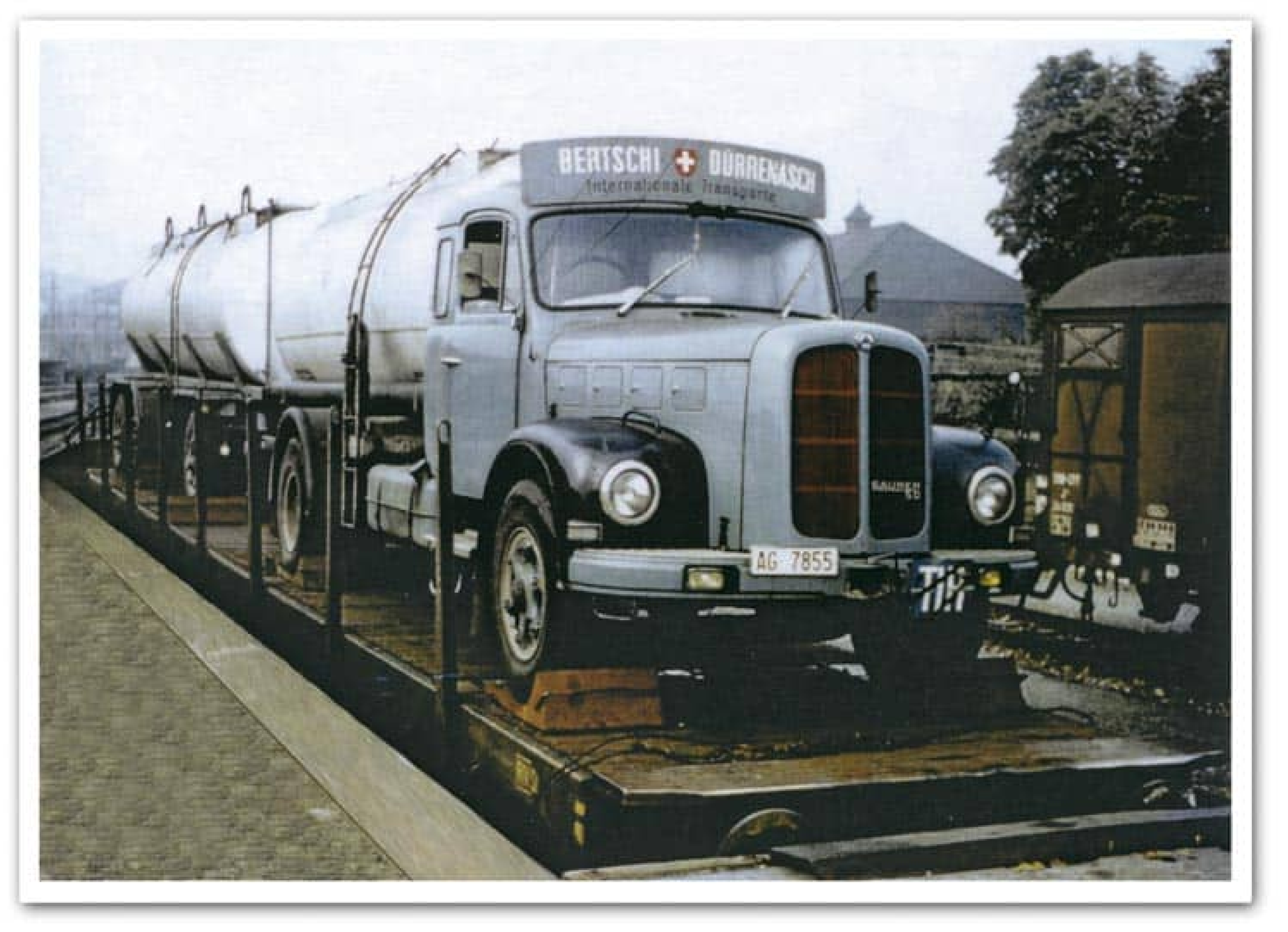 The first tanker Truck that was loaded onto a railway, with a lightblue color.