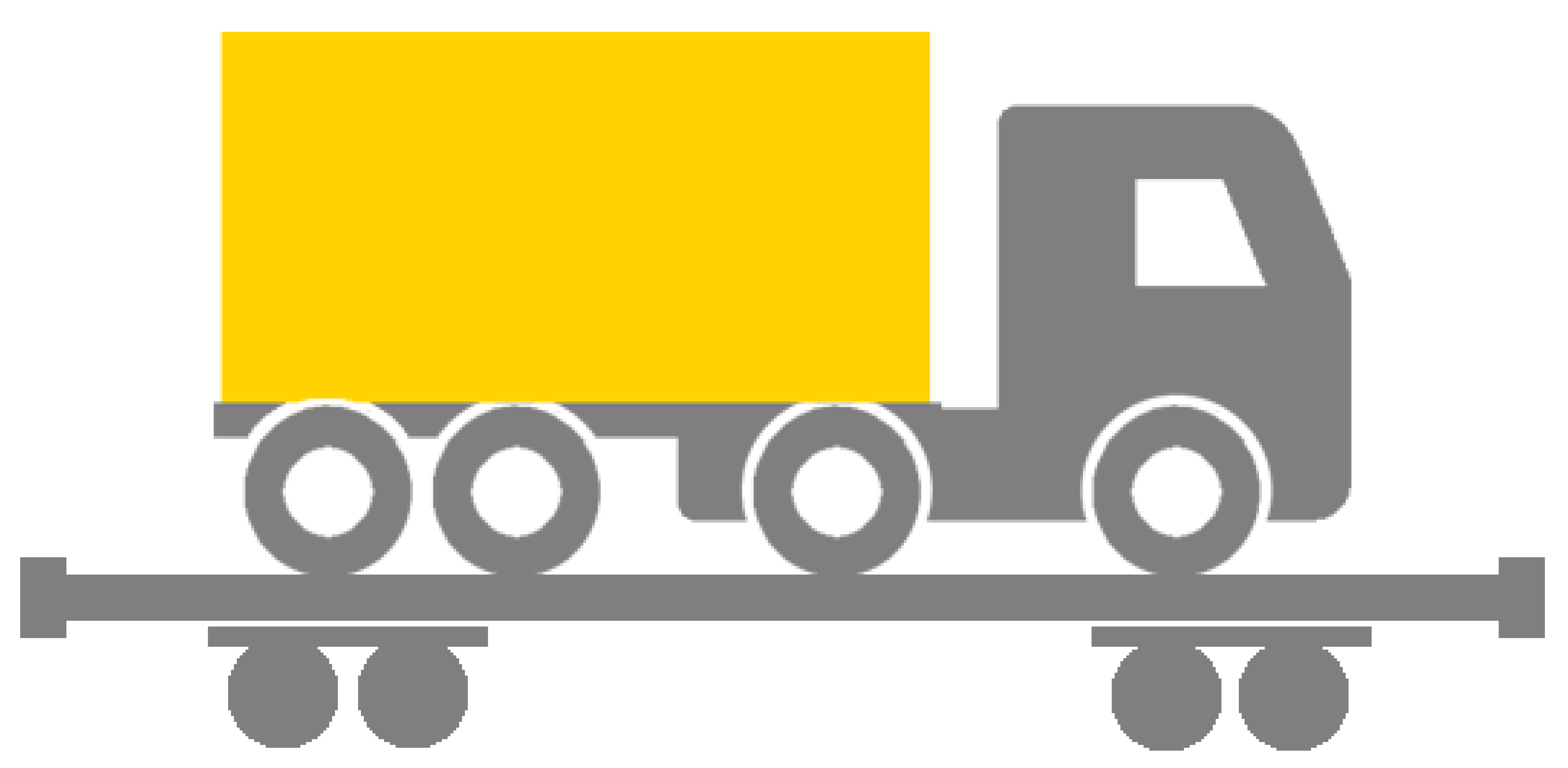 An Icon of a truck with a yellow container standing on a rail waggon.