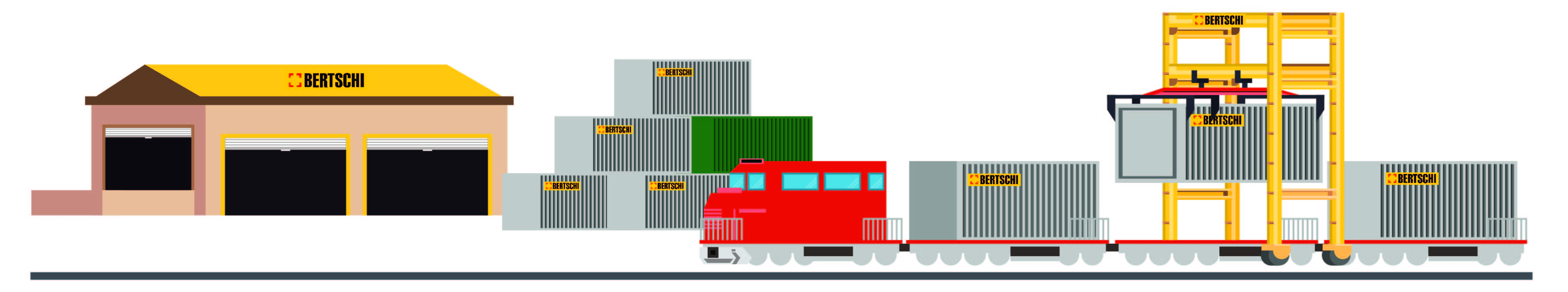 Graphic of a Bertschi terminal with a train and bertschi containers, and a workshop