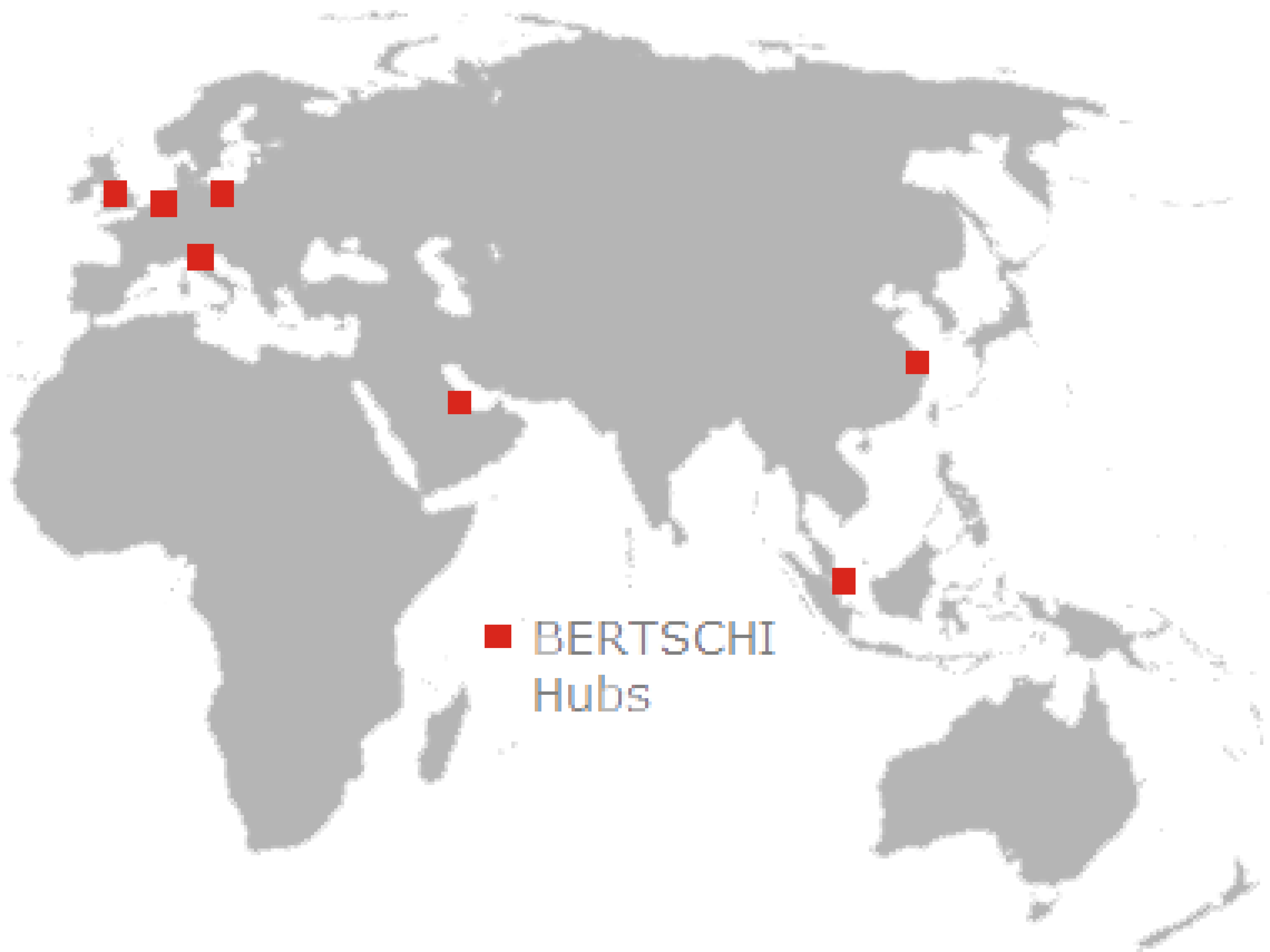 Graphic of a map with red points on all our hubs around the world.