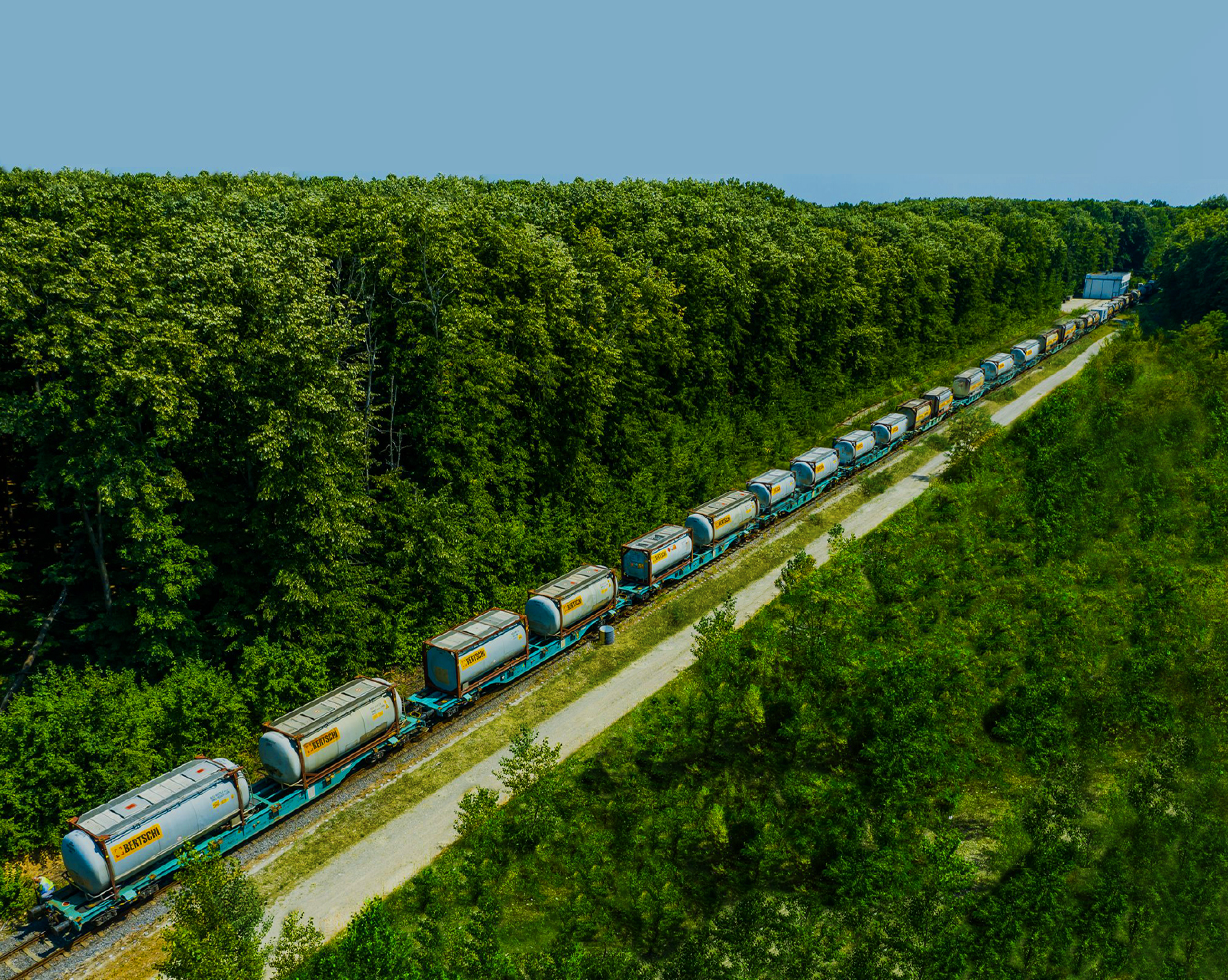 Cargo train filled with Bertschi containers passing through a green forest area
