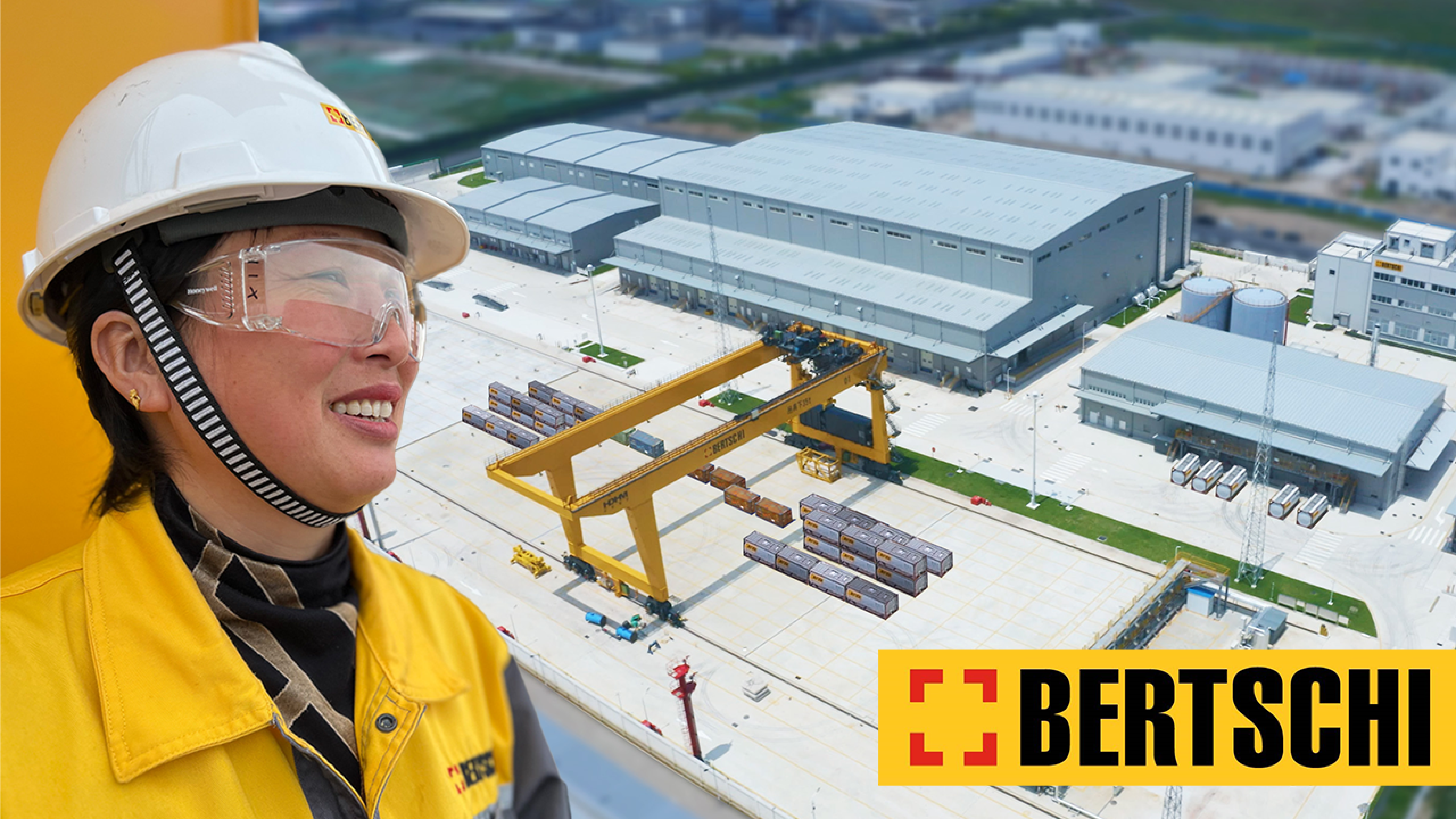 Woman in front of the Bertschi Zhangjiagang Warehouse