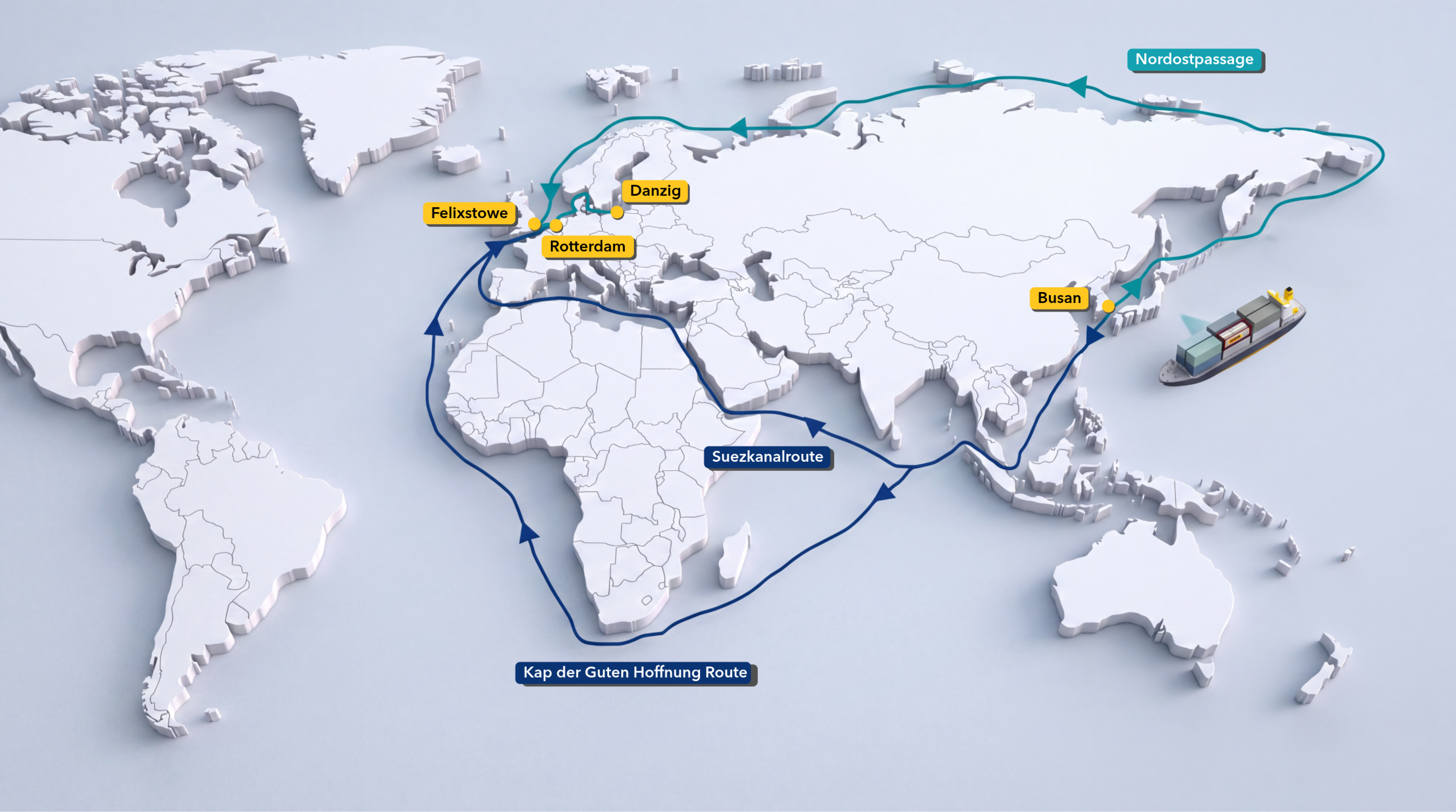 Die Testroute der PanStar Line von Busan nach Nordeuropa über die Nordostpassage mit Zwischenstopps in Felixstowe, Rotterdam und Danzig. Zum Vergleich sind die Route um das Kap der Guten Hoffnung und durch den Suezkanal dargestellt. Die dargestellten Routen sind schematisch.
