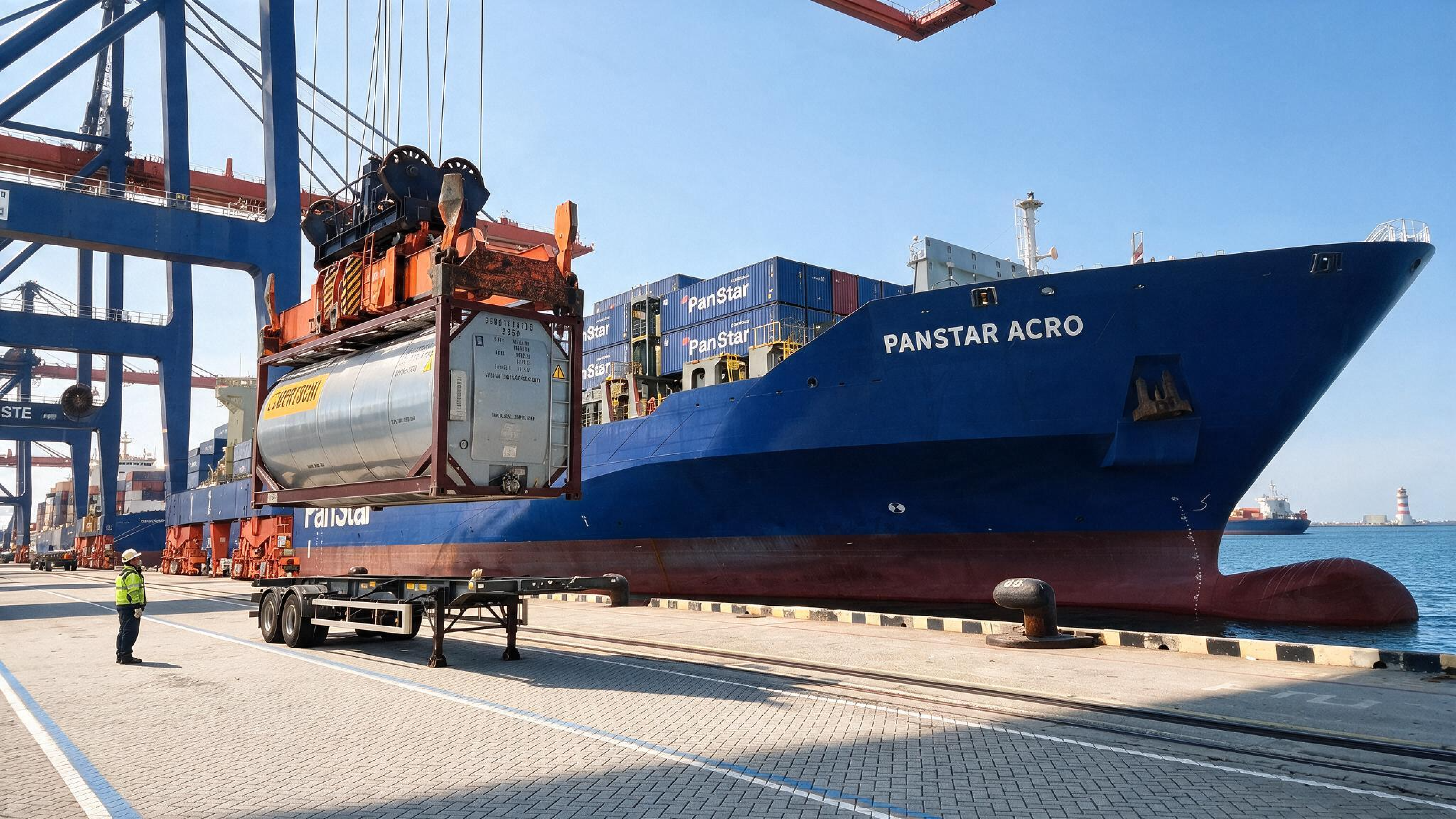 A Bertschi ISO tank container alongside PANSTAR ACRO, illustrating the vessel’s Northern Sea Route trial voyage from Busan to Europe. AI-generated visual by Bertschi Group, based on original photographs provided by PanStar Line.