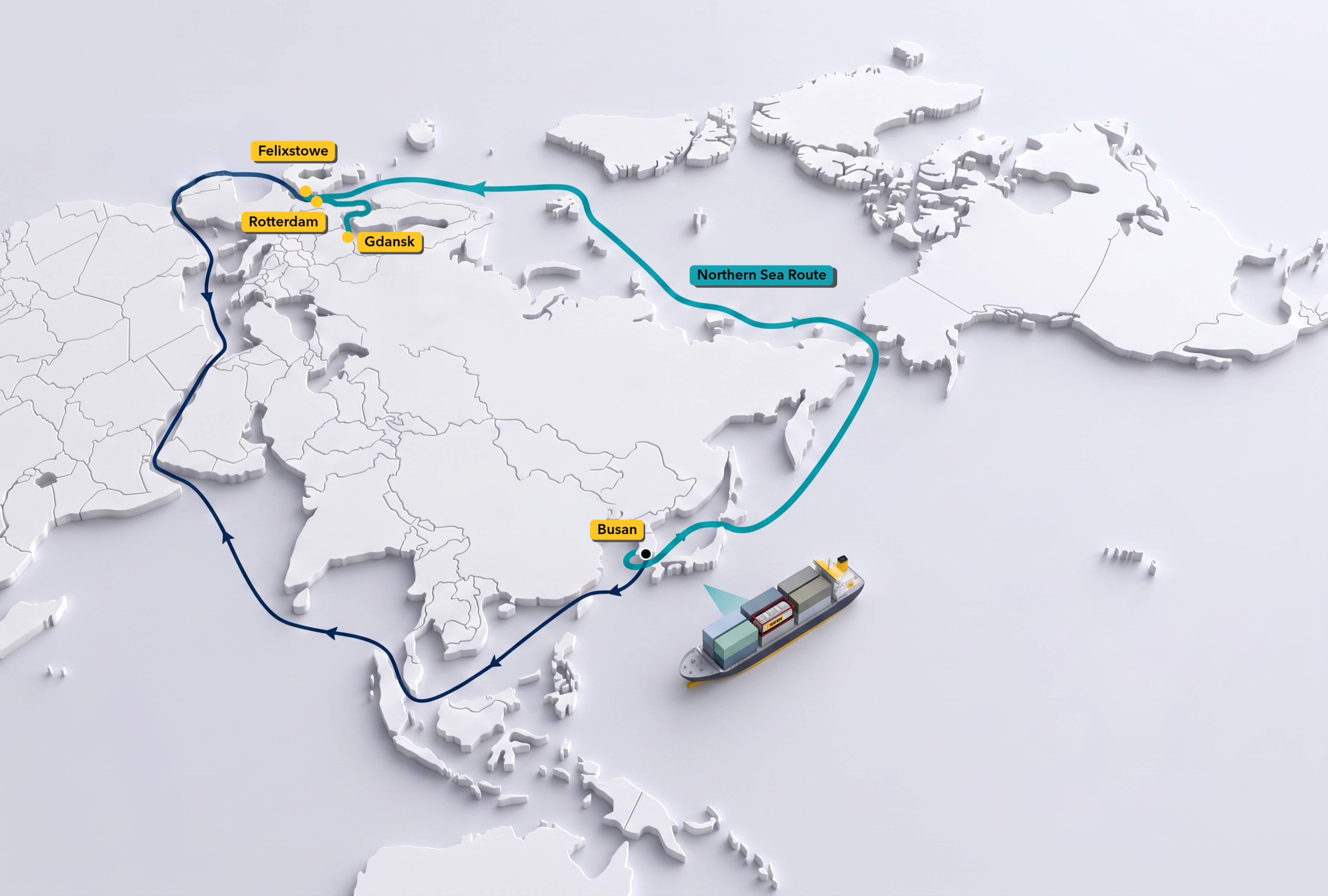 PanStar Line’s trial route from Busan to Northern Europe via the Northern Sea Route, with calls at Felixstowe, Rotterdam and Gdansk. The routing around the Cape of Good Hope is shown for comparison. Graphic: Bertschi Group. Routes shown are schematic.