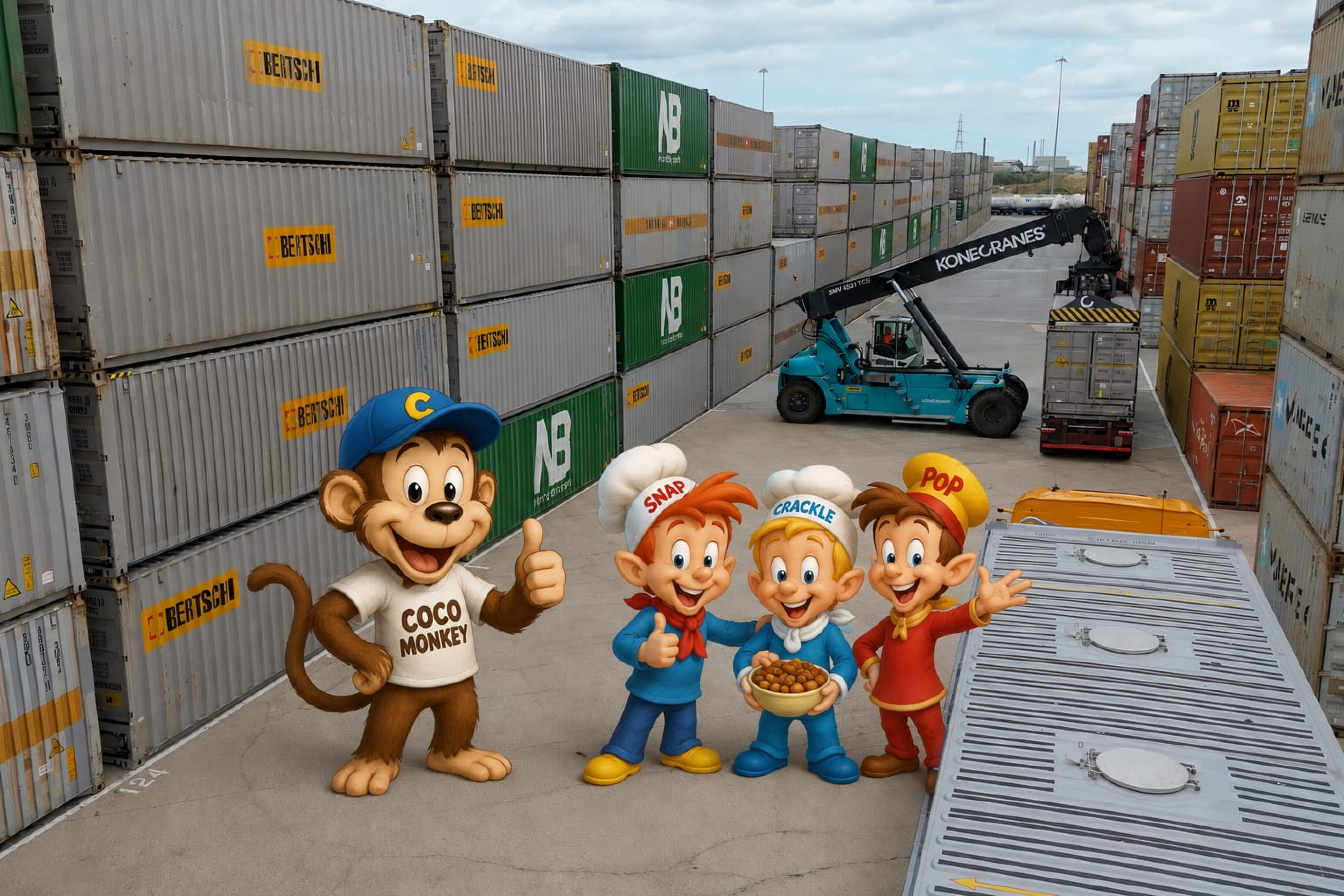 Bertschi UK Container Storage with Kelloggs Characters on site