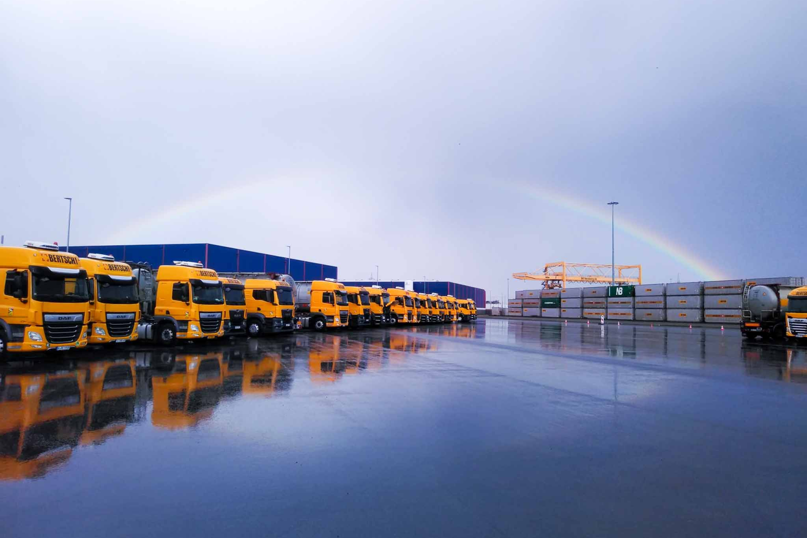 Trucks are steacked next to each other in a row