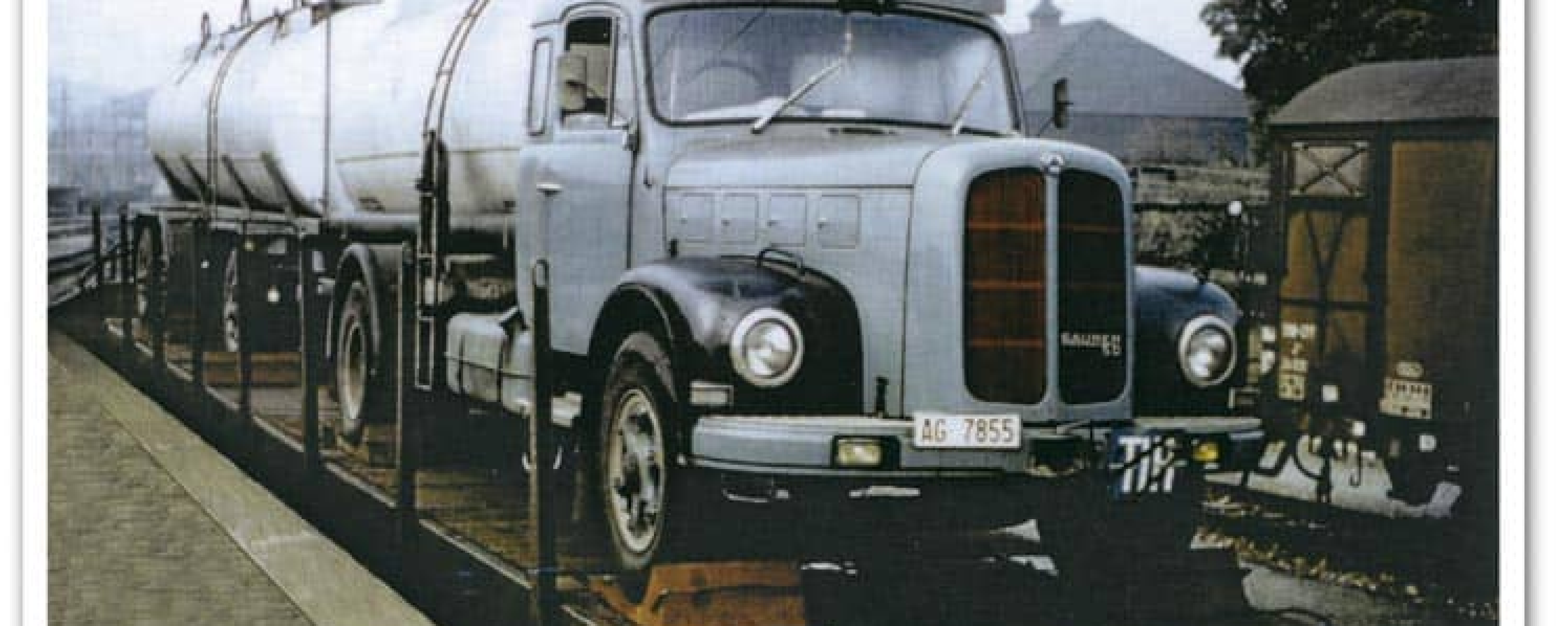 The first tanker Truck that was loaded onto a railway, with a lightblue color.