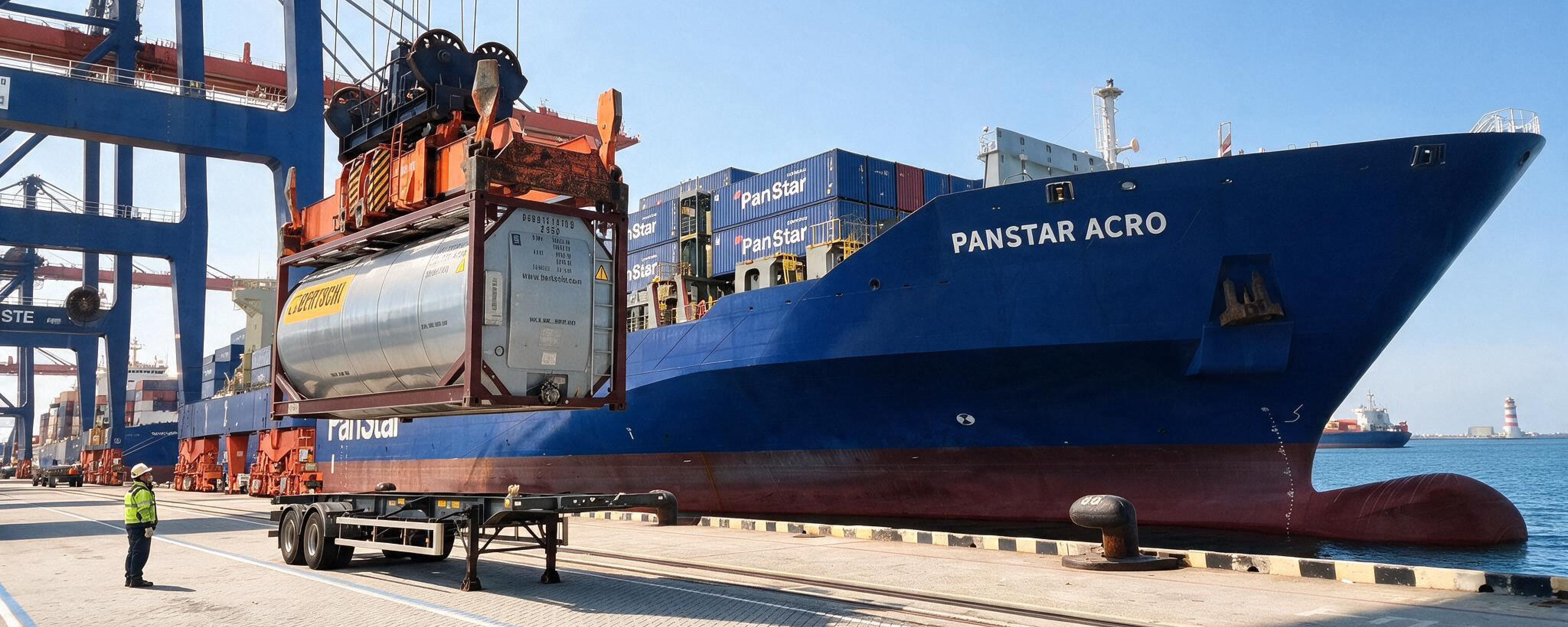 A Bertschi ISO tank container alongside PANSTAR ACRO, illustrating the vessel’s Northern Sea Route trial voyage from Busan to Europe. AI-generated visual by Bertschi Group, based on original photographs provided by PanStar Line.
